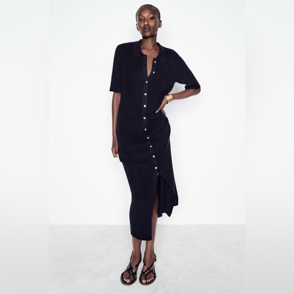 Zara Dress Women’s Small Knit Midi with Buttons Navy Blue Wool Blend - Picture 2 of 11